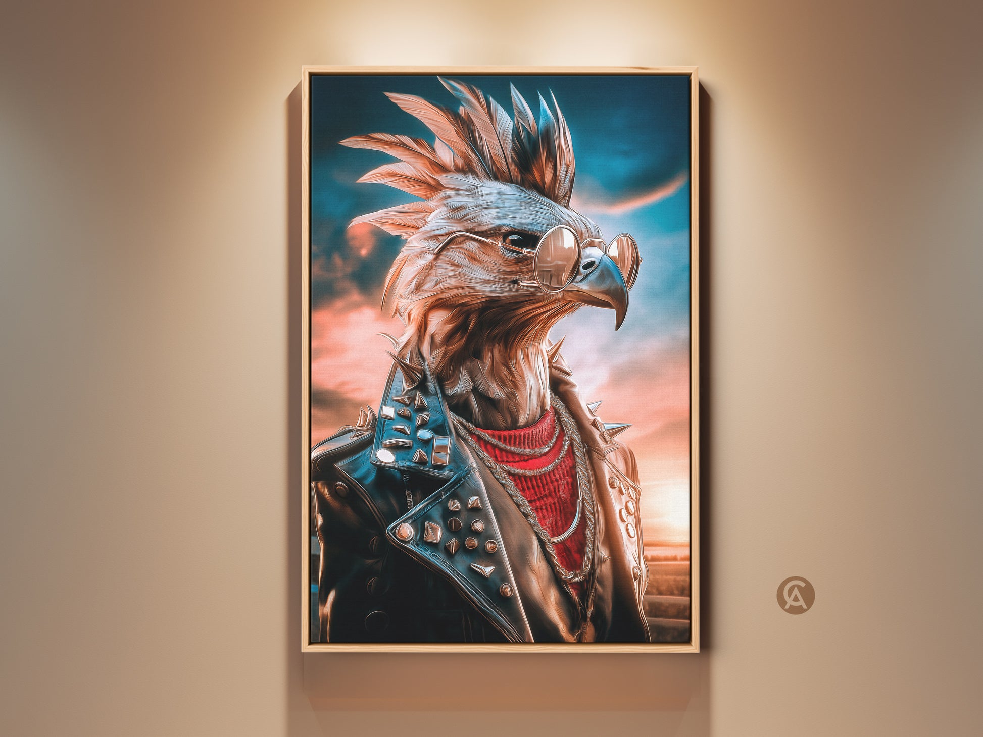 Rocker Eagle Canvas Artwork framed in a modern style. This punk rock animal print features an eagle with sunglasses and a studded leather jacket. A unique man cave gift with blue and orange wall decor. This is a cool music themed decor.