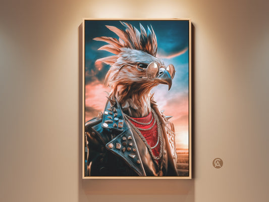 Rocker Eagle Canvas Artwork framed in a modern style. This punk rock animal print features an eagle with sunglasses and a studded leather jacket. A unique man cave gift with blue and orange wall decor. This is a cool music themed decor.