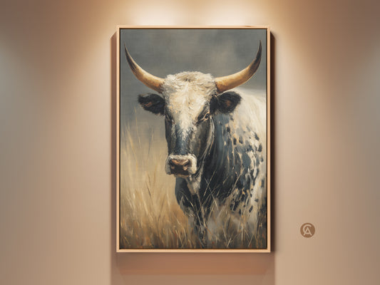 Gallery display of Longhorn Cow artwork. This canvas wall art features a black and white longhorn cow. It has a rustic animal print style. Perfect for farmhouse or country home decor. The artwork is displayed in a natural wood frame.