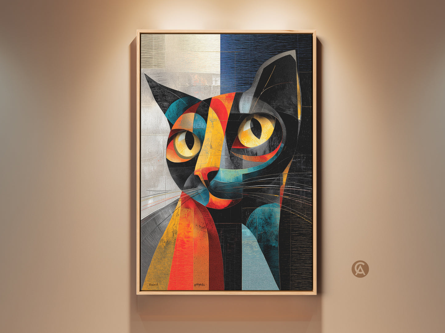 Framed abstract cubist cat artwork displayed on a beige wall. The modern feline canvas print features geometric shapes in yellow teal and red. This contemporary cat wall hanging is perfect for a living room or office. A great gift for cat enthusiasts and abstract art lovers.