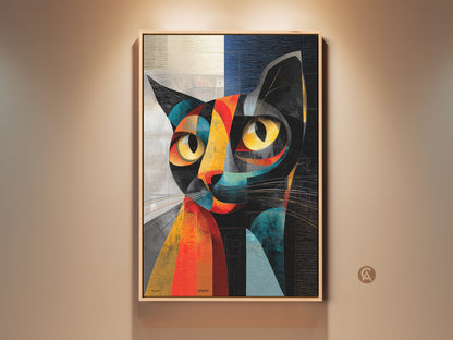 Framed abstract cubist cat artwork displayed on a beige wall. The modern feline canvas print features geometric shapes in yellow teal and red. This contemporary cat wall hanging is perfect for a living room or office. A great gift for cat enthusiasts and abstract art lovers.