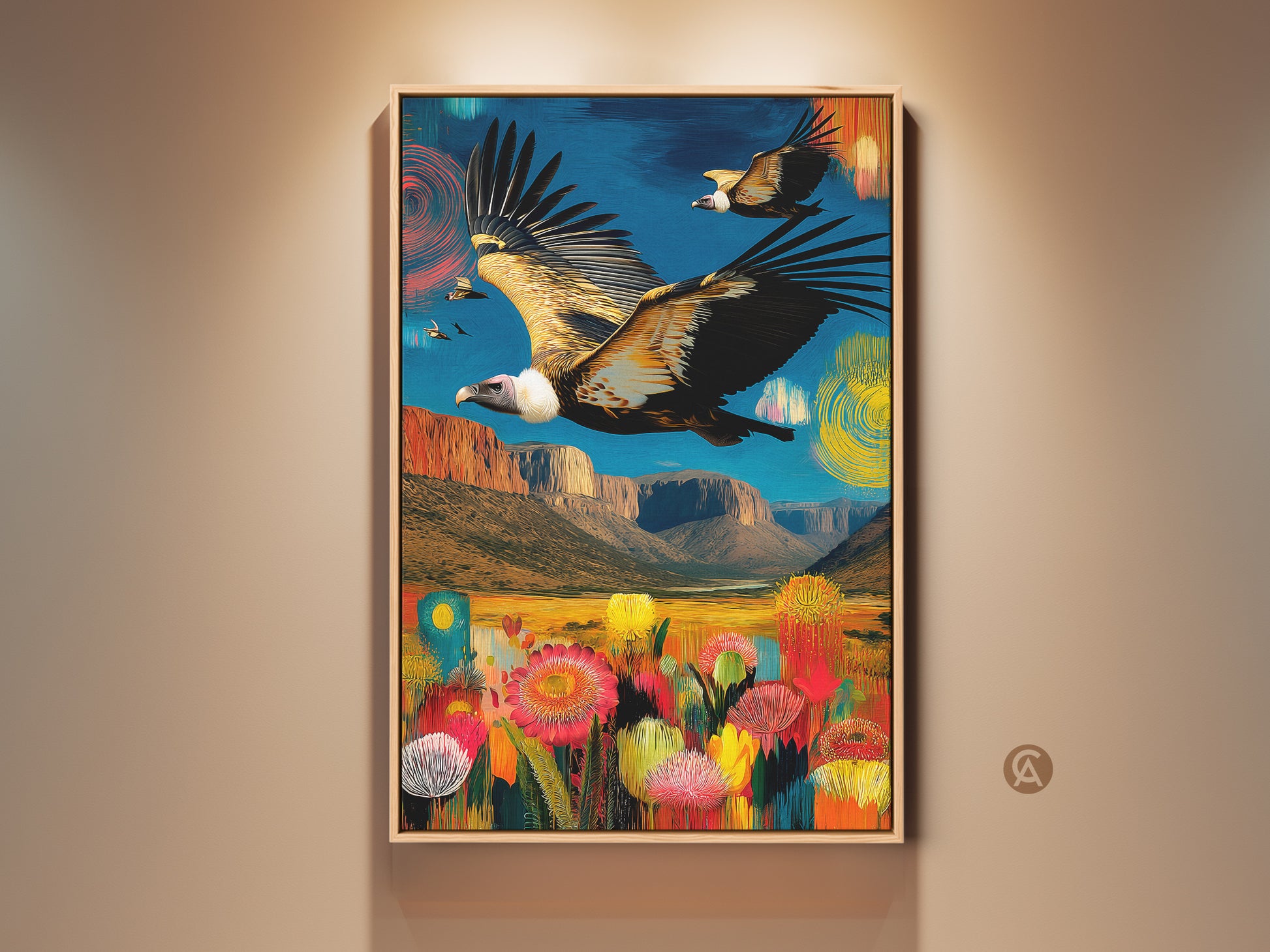 Vulture soars over an abstract canyon in this vibrant canvas art print. The artwork features bold colors and an eclectic style. This wildlife art is a perfect gift for nature lovers. The print adds a unique and artistic touch to any home decor.