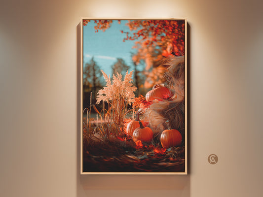 Experience autumn's charm with this framed pumpkin art. This seasonal artwork captures a serene scene of pumpkins and fall foliage. The piece is elegantly framed and ready to hang adding warmth to any space.