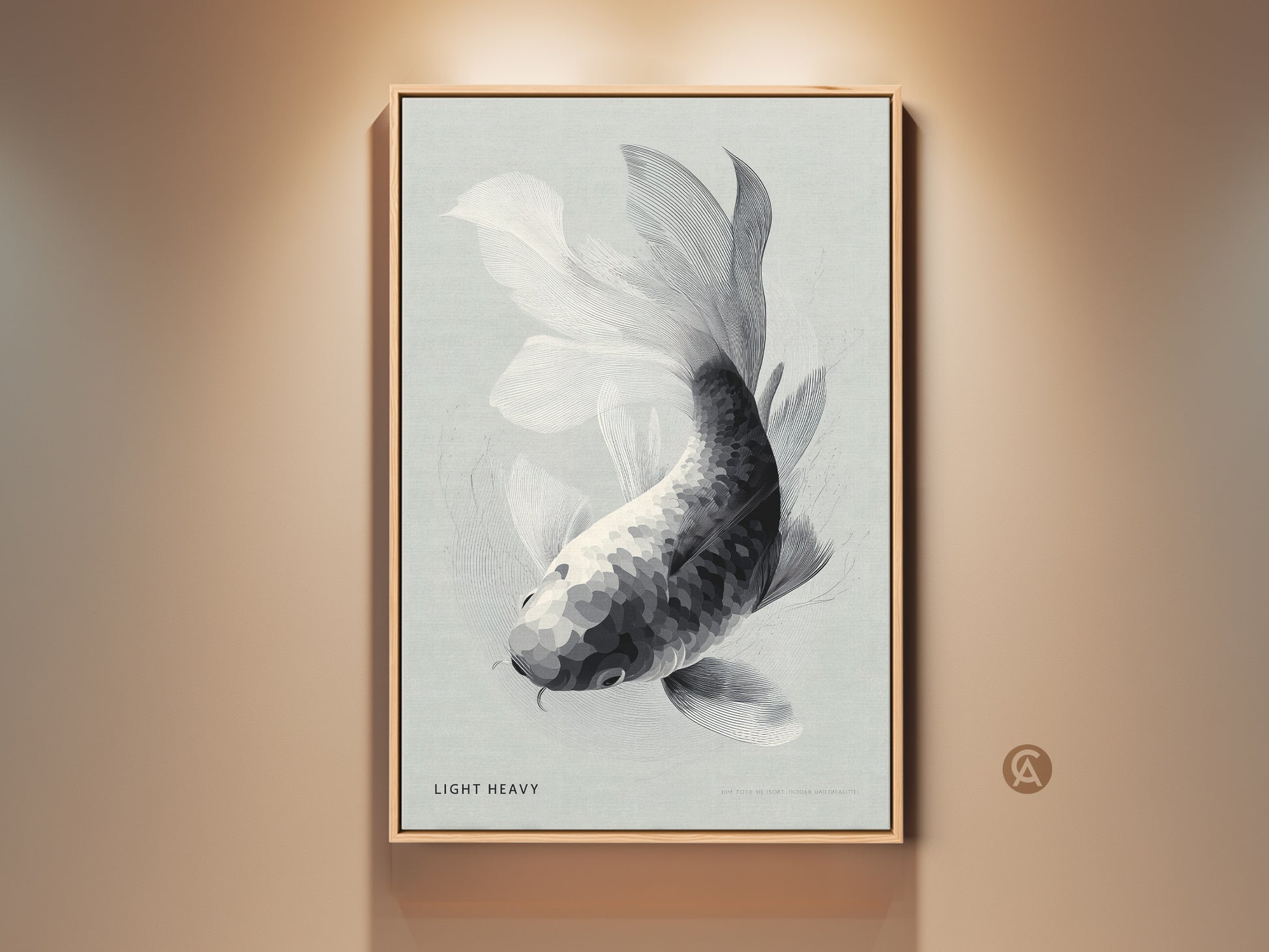 Framed canvas art featuring a black and white koi fish. The artwork is displayed on a wall. It has a clean modern look. The frame is a natural wood color. This piece would be perfect for adding a touch of zen to any room.