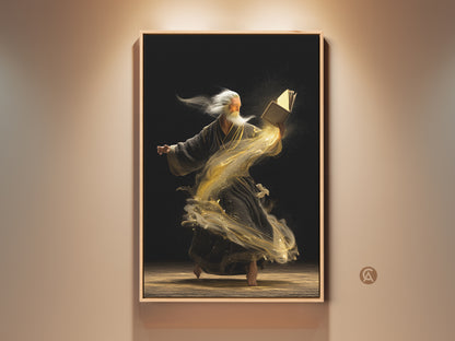 Framed canvas print featuring an old man sage with a magic book. This surreal fantasy art piece has swirling gold dust. The wisdom mythology artwork adds eclectic charm to any study or office space.