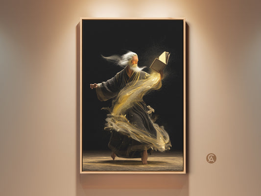 Framed canvas print featuring an old man sage with a magic book. This surreal fantasy art piece has swirling gold dust. The wisdom mythology artwork adds eclectic charm to any study or office space.