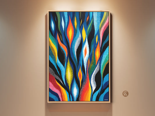 Eclectic Modern Abstract Canvas Art Print displayed in a home setting. The artwork features a flame and leaf motif. Deep blues orange and yellows create a vibrant feel. This piece of wall decor can be a housewarming gift idea.