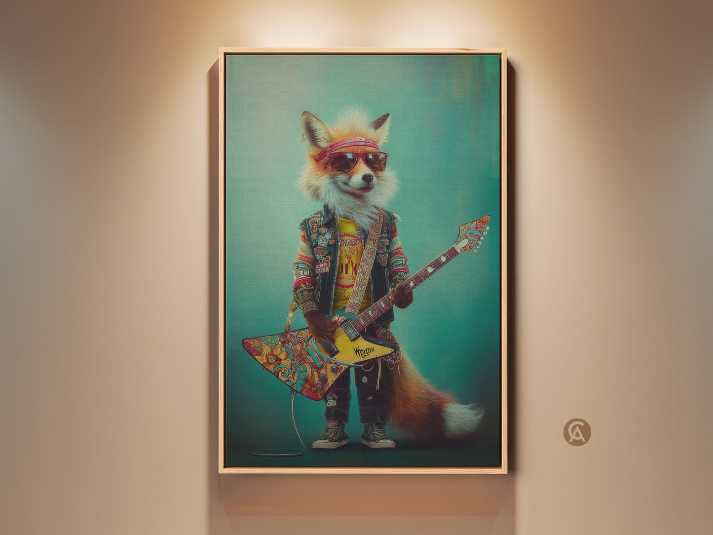 Framed view of the Psychedelic Fox Guitarist Art Print. The artwork features an anthropomorphic fox shredding a guitar. It is set against a teal background. Perfect rock and roll poster for man caves and game rooms.