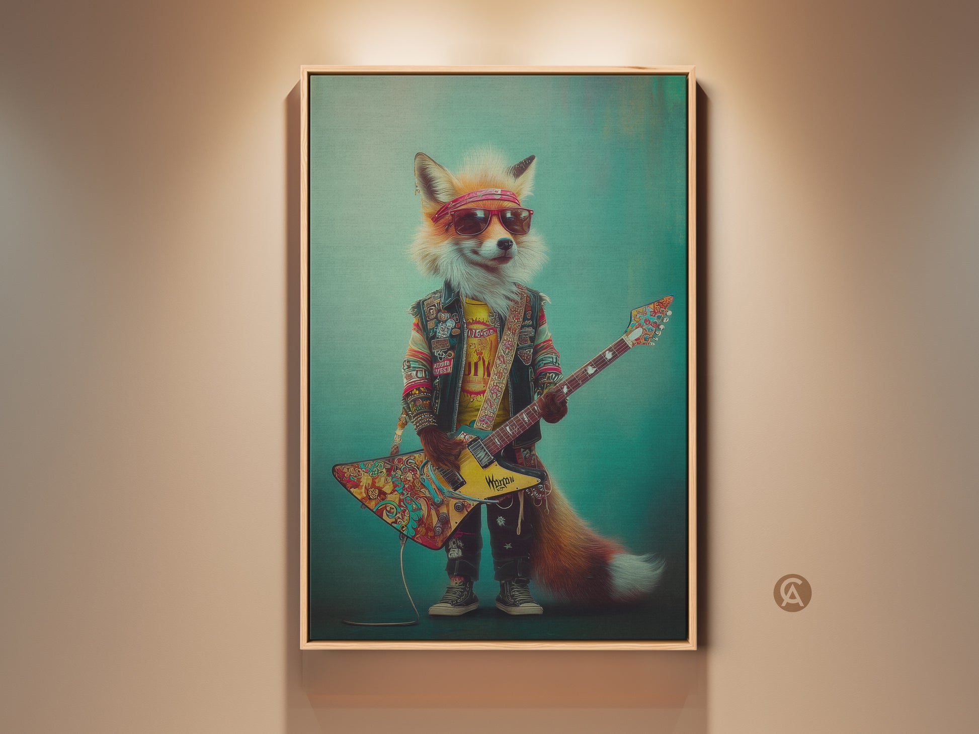Framed view of the Psychedelic Fox Guitarist Art Print. The artwork features an anthropomorphic fox shredding a guitar. It is set against a teal background. Perfect rock and roll poster for man caves and game rooms.