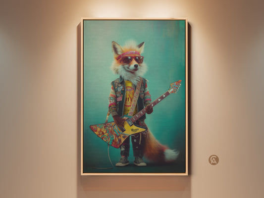 Framed view of the Psychedelic Fox Guitarist Art Print. The artwork features an anthropomorphic fox shredding a guitar. It is set against a teal background. Perfect rock and roll poster for man caves and game rooms.
