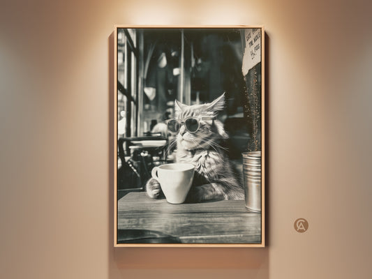 Monochrome artwork of a cool cat wearing sunglasses in a cafe. The feline sips from a white cup. A unique conversation starter. Perfect for cat lovers. Shop now for this framed canvas art.