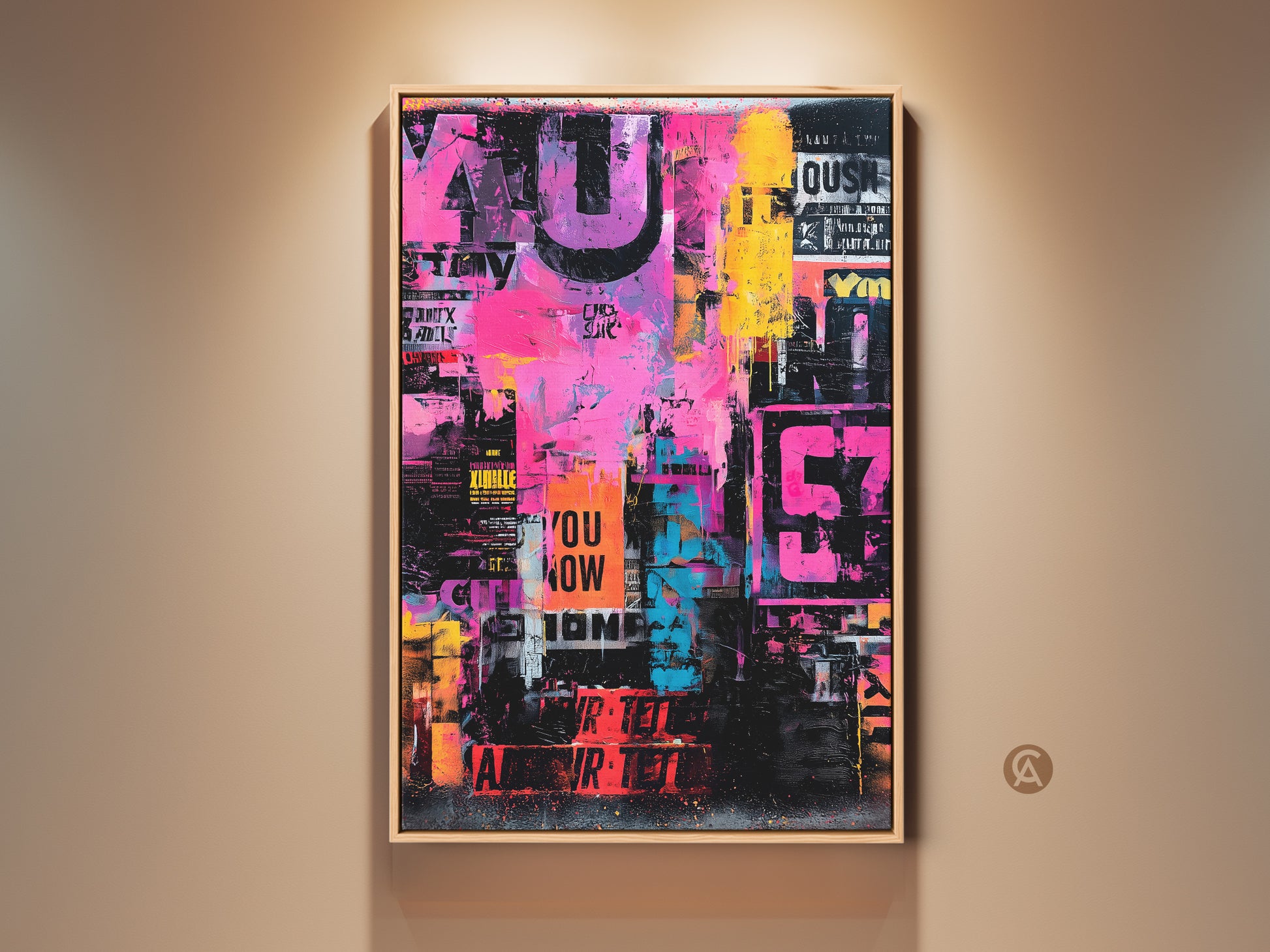 This is a vibrant collage art piece. It features bold pinks yellows and blues. The artwork includes stenciled words and numbers. The piece is framed in a light wood. This is a modern urban style print.