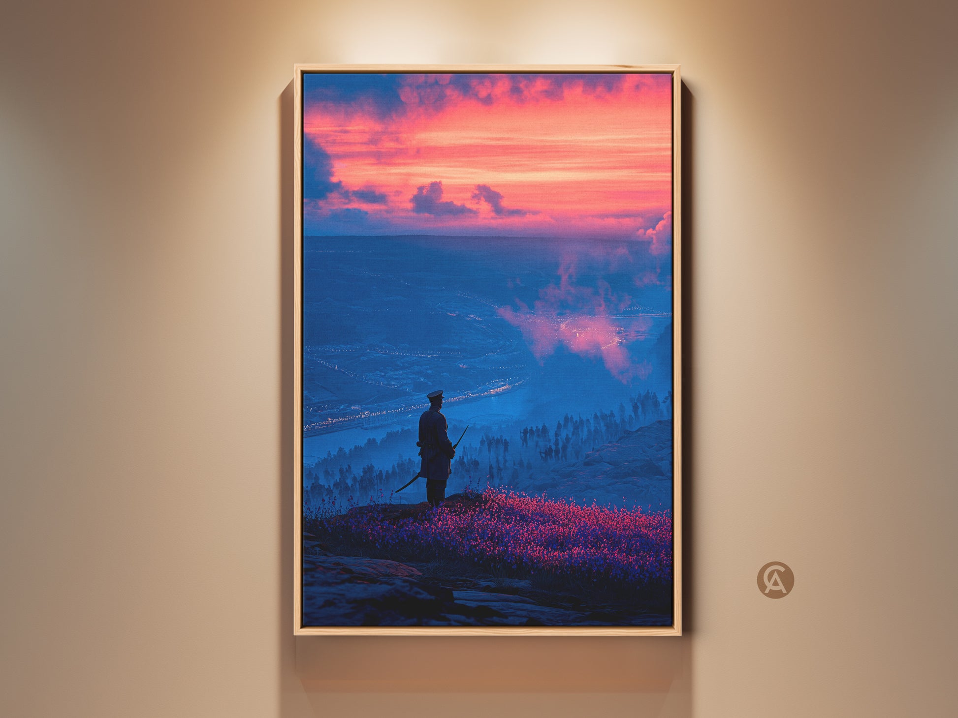 A lone samurai stands silhouetted against a dramatic sunset. The cityscape below blends blue and crimson hues in this cinematic canvas art print. A vintage military poster feel makes this a unique piece of wall decor. Ideal for history buffs and eclectic study art.