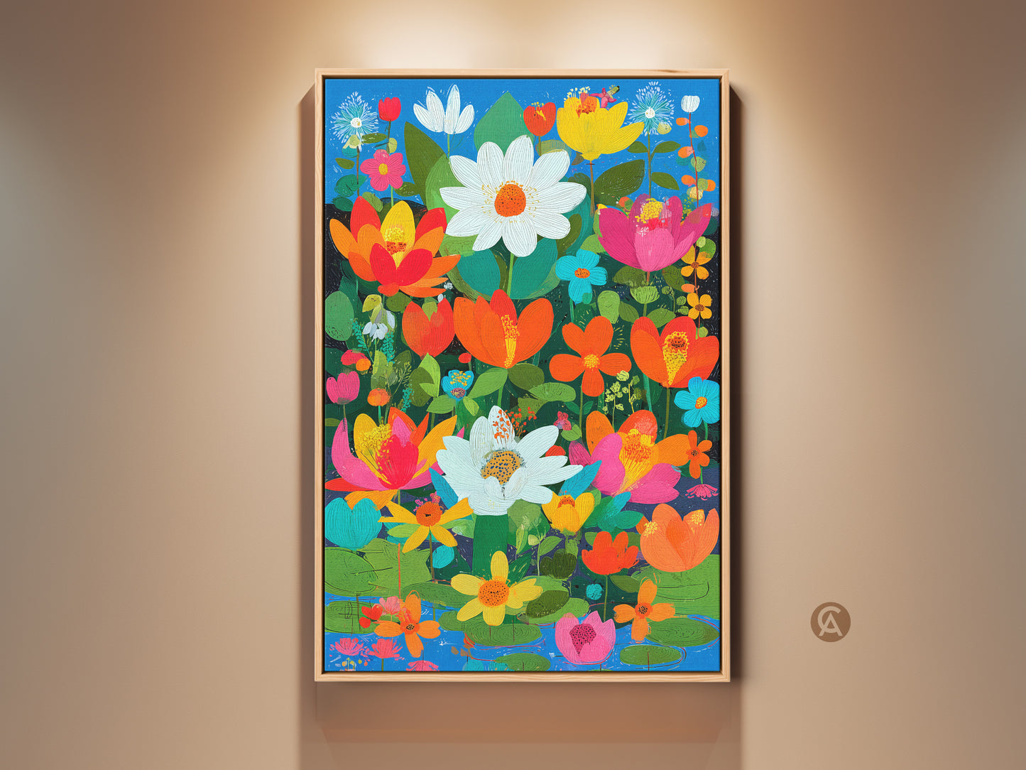 Boho floral wall art print in a wood frame. Orange pink and teal botanical art. A lotus daisy flower artwork adds colorful nature decor. A perfect plant lover housewarming gift.
