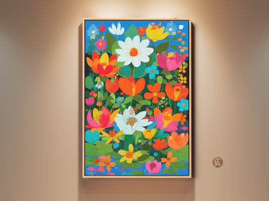 Boho floral wall art print in a wood frame. Orange pink and teal botanical art. A lotus daisy flower artwork adds colorful nature decor. A perfect plant lover housewarming gift.