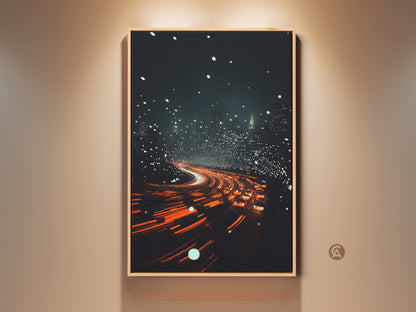 Contemporary Cityscape Canvas Art features vibrant orange and red car lights. It captures the motion blur of night traffic. This urban skyline wall decor is perfect for an entryway. The modern art print night offers artistic city energy.