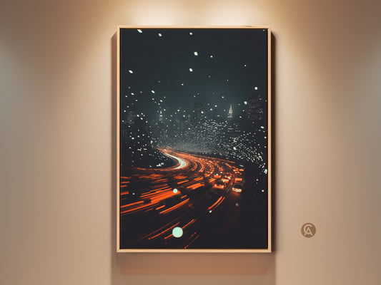Contemporary Cityscape Canvas Art features vibrant orange and red car lights. It captures the motion blur of night traffic. This urban skyline wall decor is perfect for an entryway. The modern art print night offers artistic city energy.