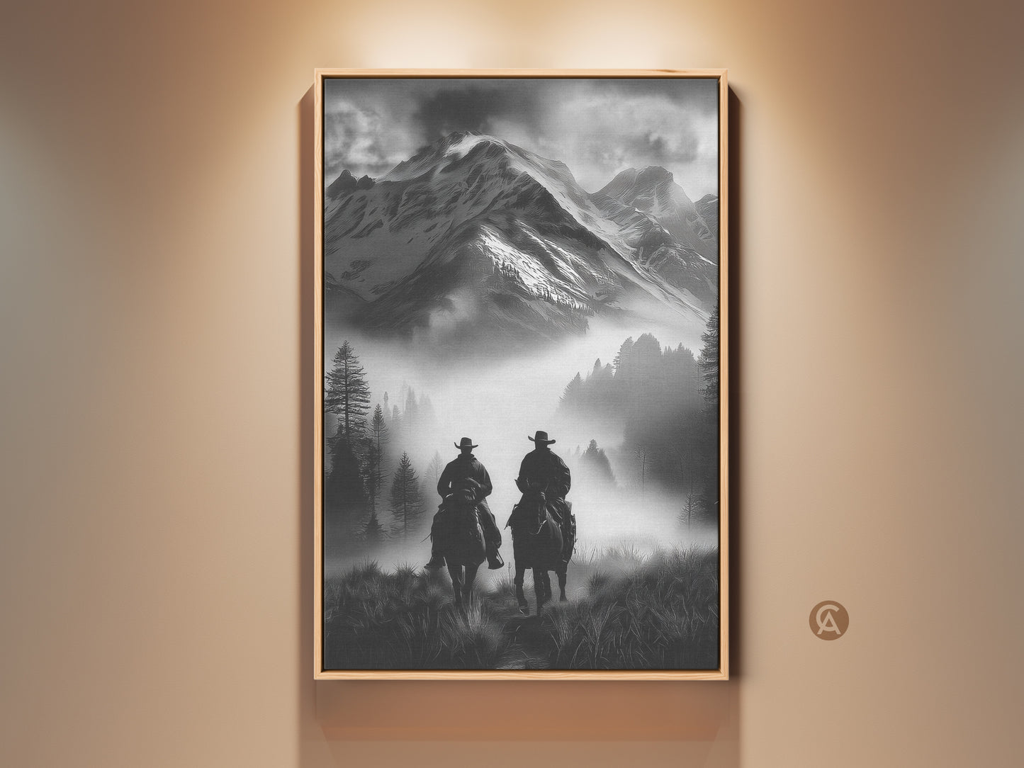Monochrome cowboy art print in a rustic frame. Two cowboys ride horseback into a misty mountain landscape. This western landscape print adds adventure to any entry hall.