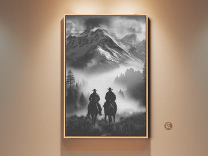 Monochrome cowboy art print in a rustic frame. Two cowboys ride horseback into a misty mountain landscape. This western landscape print adds adventure to any entry hall.