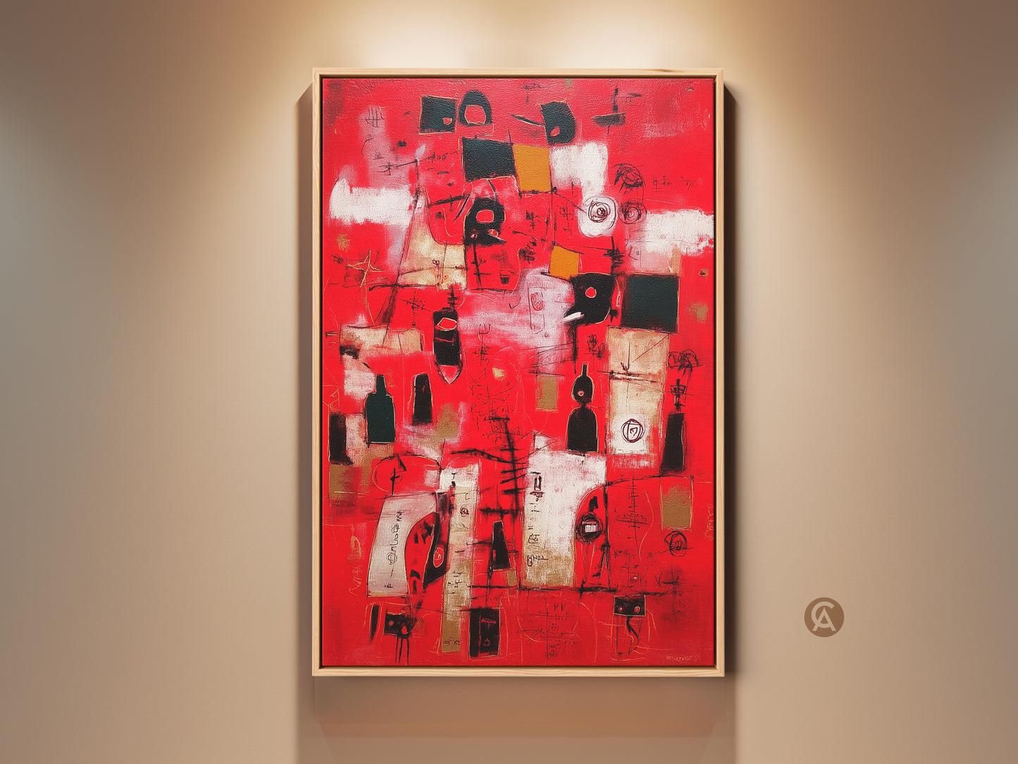 Framed abstract art in red displayed on a neutral wall. This contemporary artwork features bold black and white shapes. The art is framed in a natural wood tone. It adds a modern touch to any room. Perfect for collectors and enthusiasts alike.