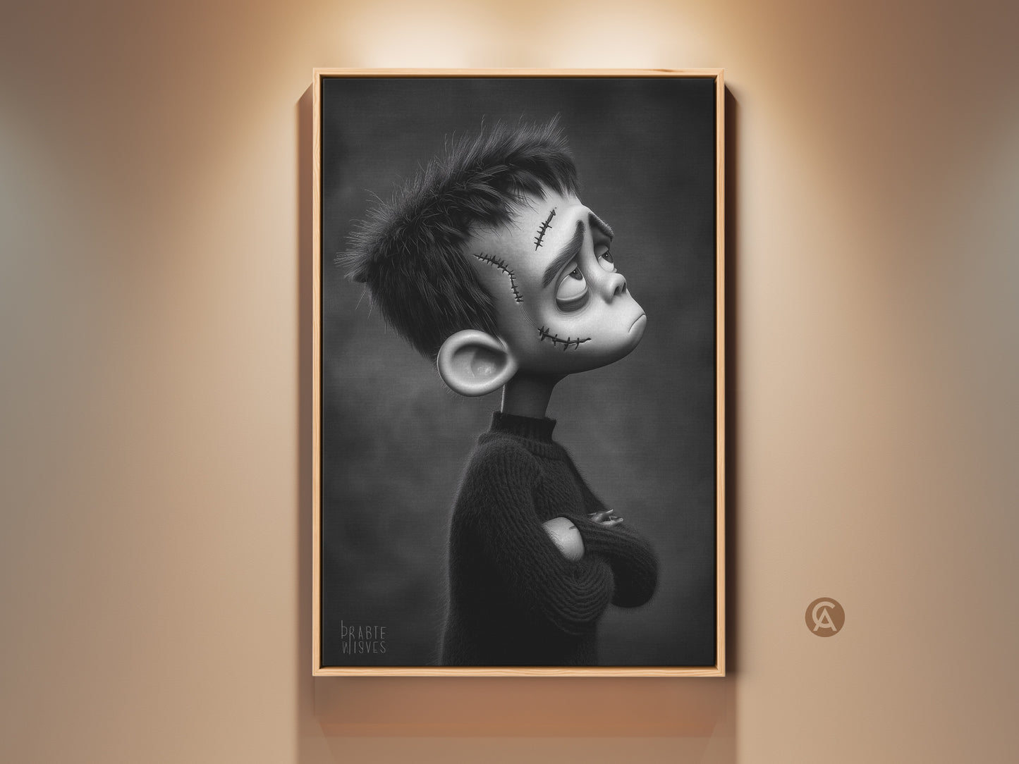 Framed black and white Frankenstein boy art print. This gothic character wall decor adds an eclectic touch to any room. Perfect for dark fantasy fans. The monster boy artwork is a unique gift for him.