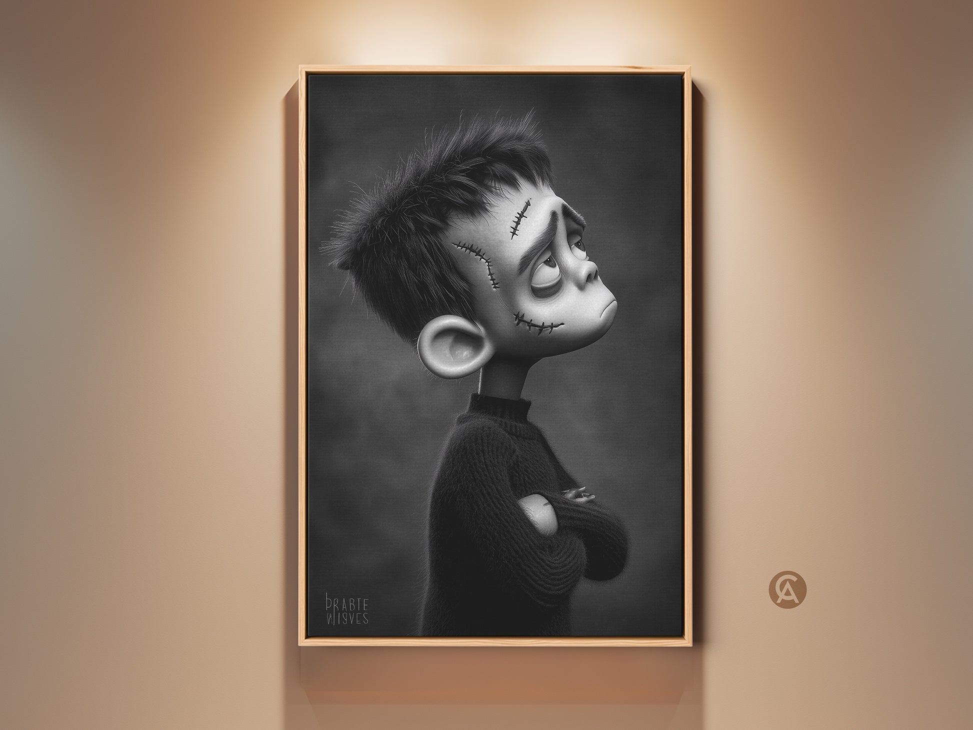 Framed black and white Frankenstein boy art print. This gothic character wall decor adds an eclectic touch to any room. Perfect for dark fantasy fans. The monster boy artwork is a unique gift for him.