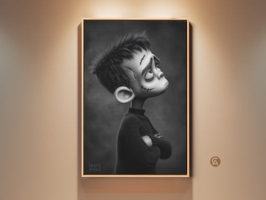 Framed black and white Frankenstein boy art print. This gothic character wall decor adds an eclectic touch to any room. Perfect for dark fantasy fans. The monster boy artwork is a unique gift for him.