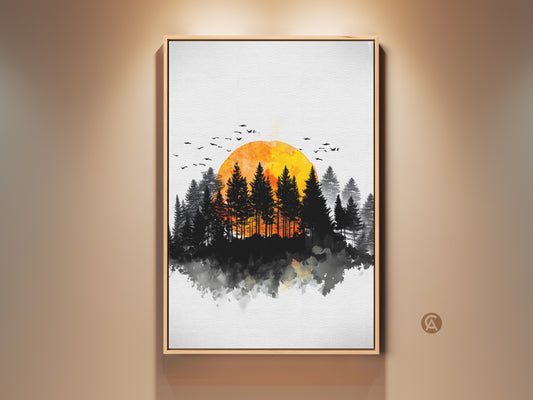 Framed watercolor landscape art print. It showcases a minimalist forest sunset with birds in flight. The orange and yellow nature wall art enhances modern farmhouse decor adding warmth and serenity.