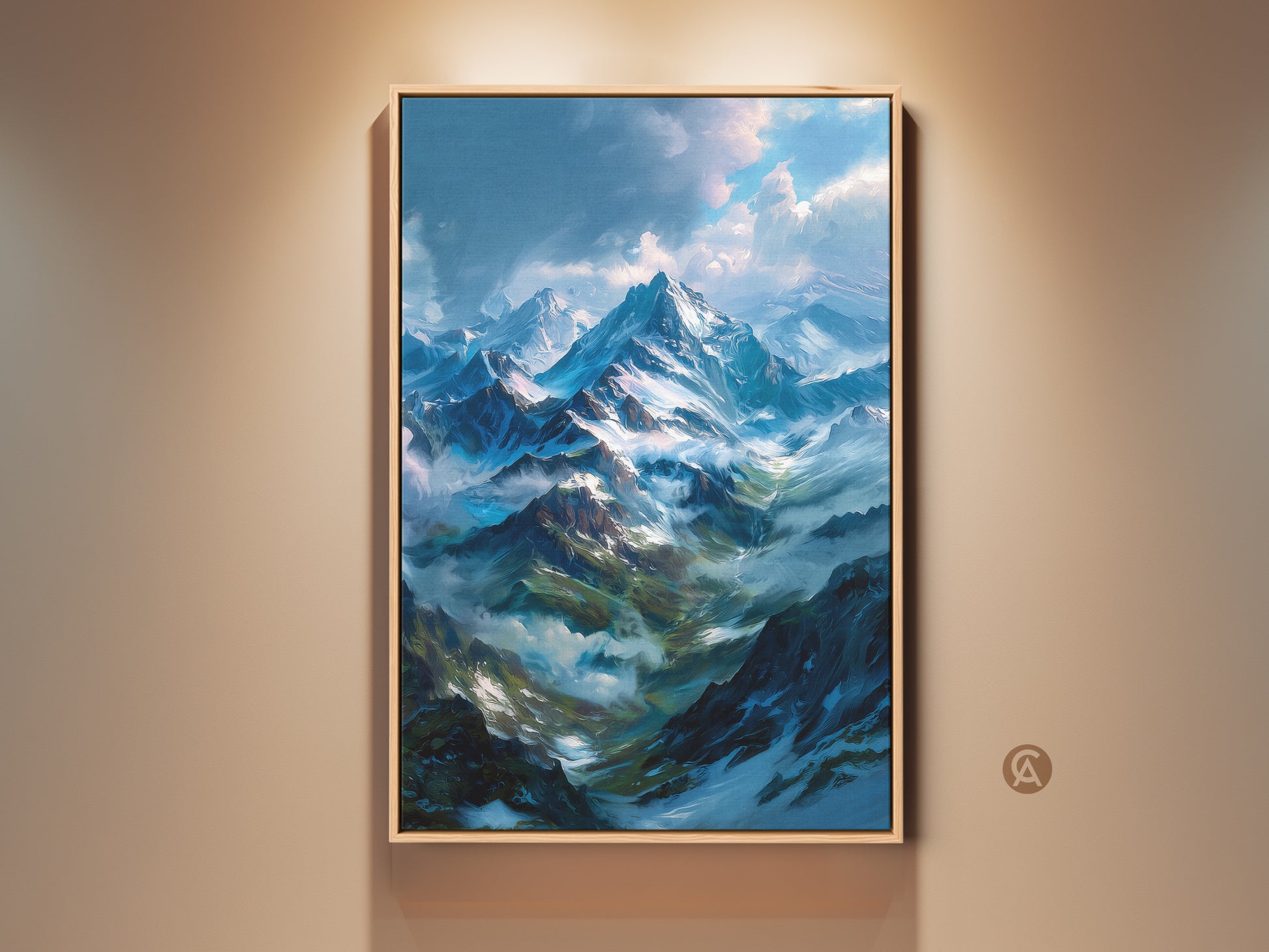 Framed mountain artwork. The painting features snow-capped peaks and cloudy skies. The artwork is displayed in a wooden frame. Perfect for nature lovers. Purchase this framed canvas art today.