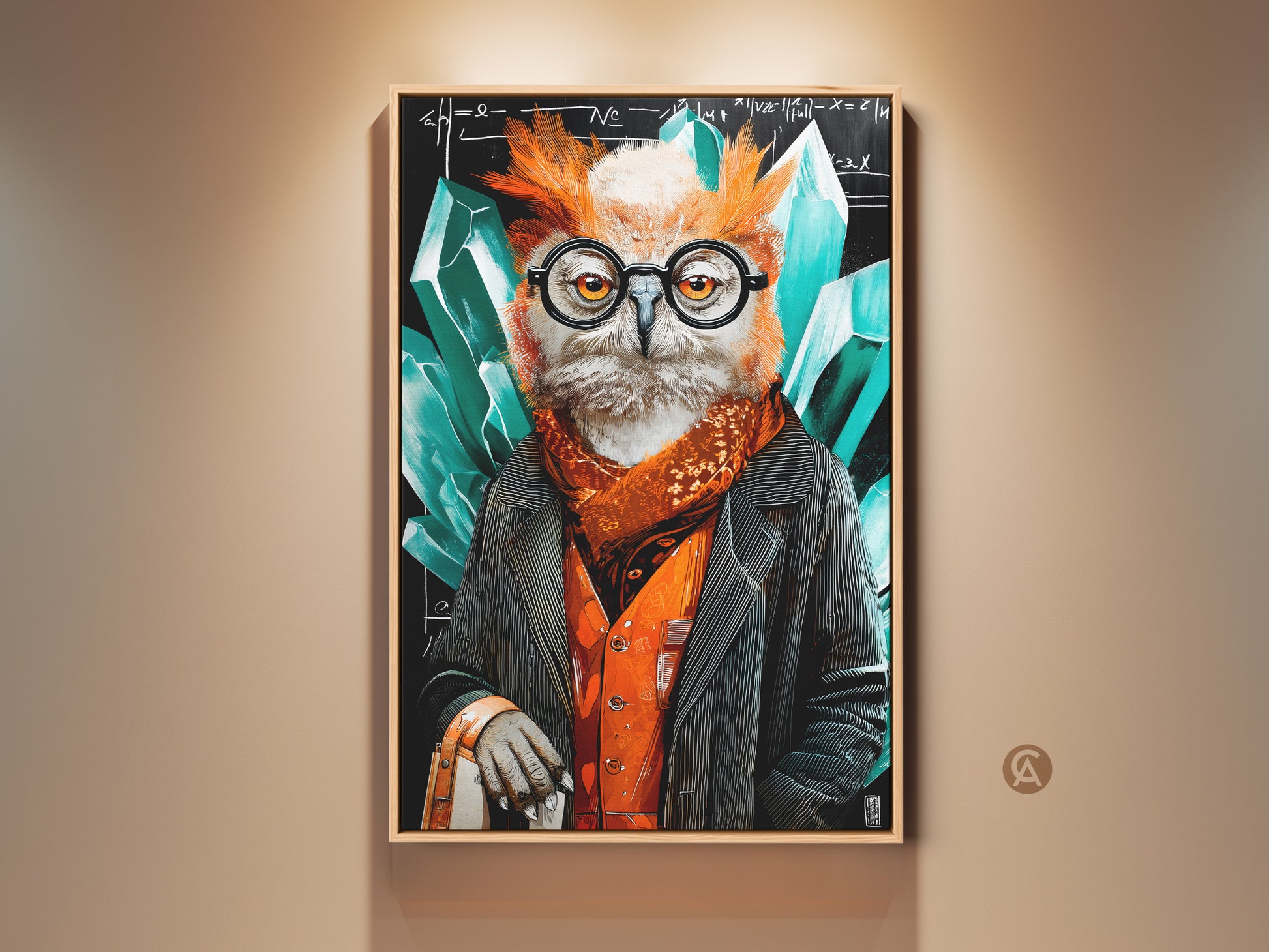 Abstract Owl Wall Art on display. The surreal crystal painting is professor office decor. It has an emerald orange and black canvas print. The artwork is a unique gift for academics. The wise owl is depicted as a professor with crystal accents. Equations are visible in the chalkboard background. This makes it perfect for study room wall decor.