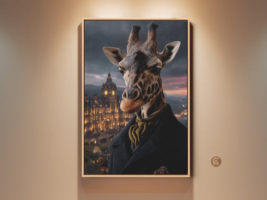 Framed eclectic giraffe art print. A surreal Victorian animal portrait for a study room. This wall art features brown and gold tones. The ornate building adds a unique touch as a housewarming gift.
