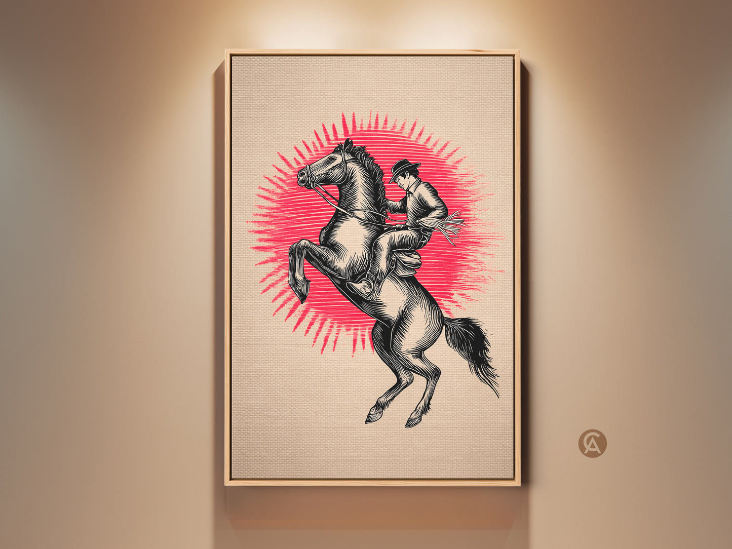 Retro linocut cowboy art features a horse rearing. The western rider canvas print showcases rustic black beige artwork. This vintage cowboy poster adds to man cave western decor. This Father's Day gift is Americana wall decor.