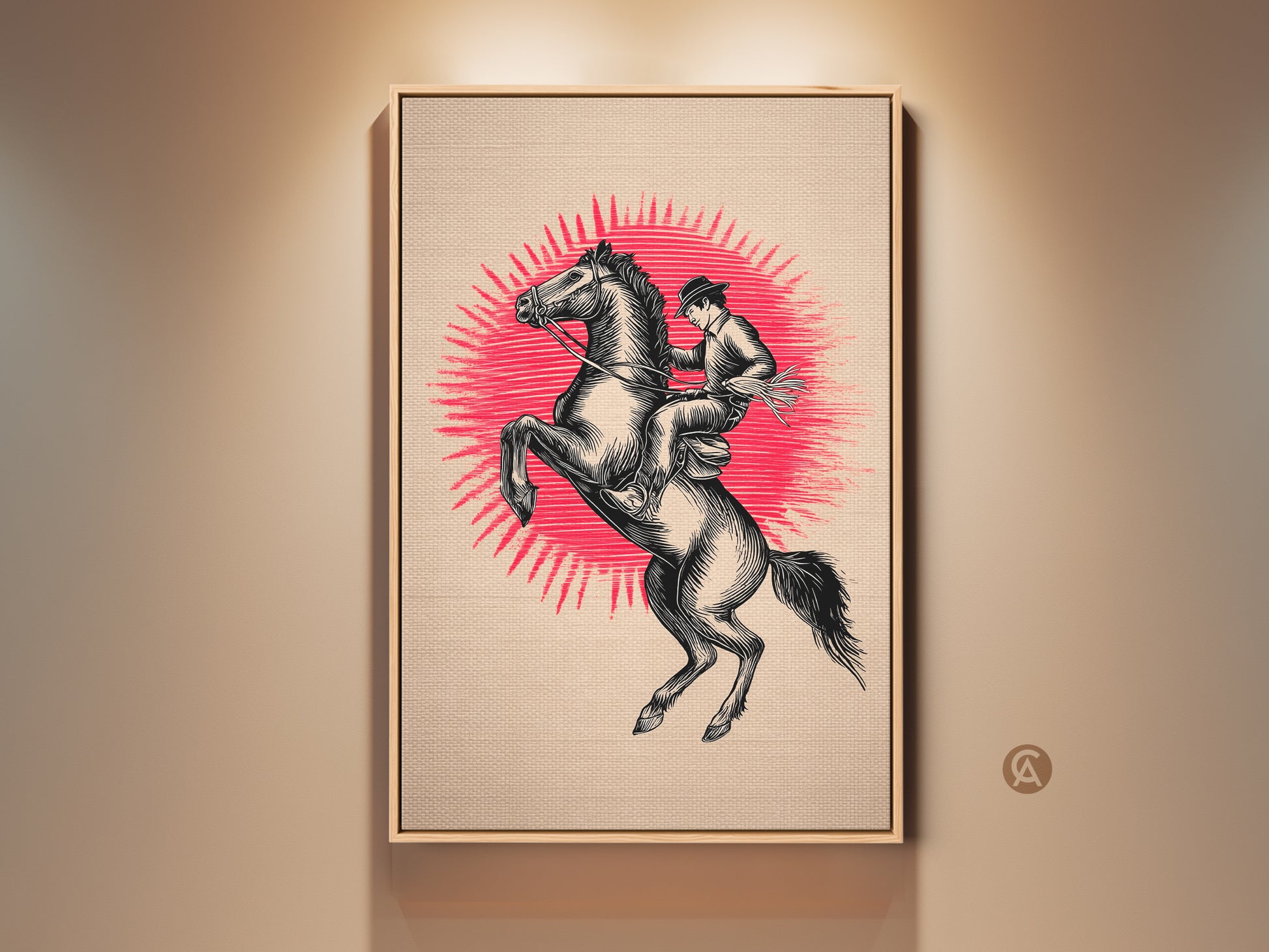 Retro linocut cowboy art features a horse rearing. The western rider canvas print showcases rustic black beige artwork. This vintage cowboy poster adds to man cave western decor. This Father's Day gift is Americana wall decor.
