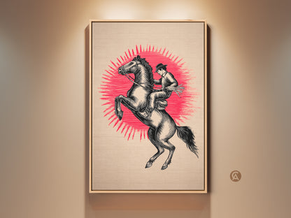 Retro linocut cowboy art features a horse rearing. The western rider canvas print showcases rustic black beige artwork. This vintage cowboy poster adds to man cave western decor. This Father's Day gift is Americana wall decor.