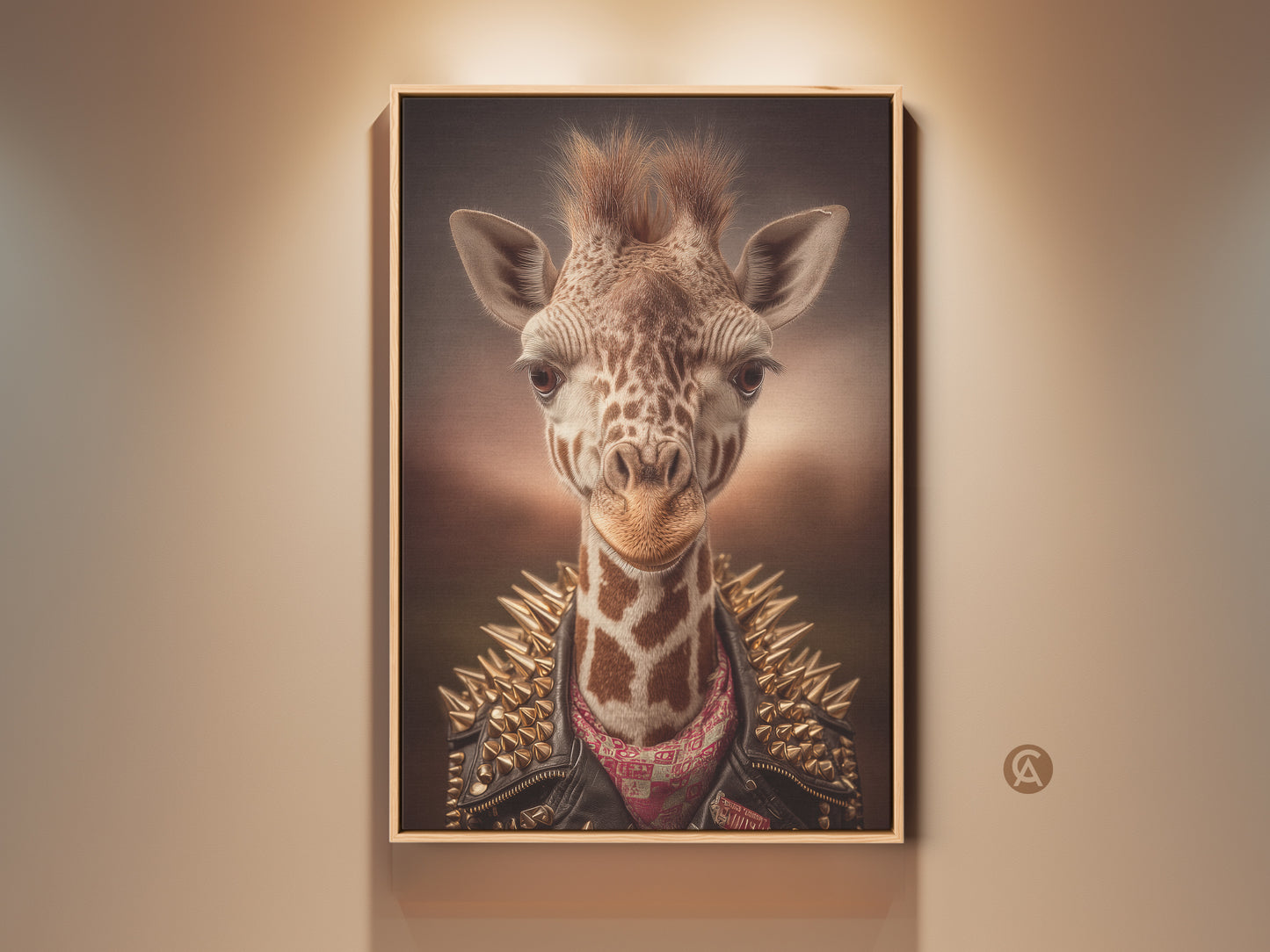 Framed eclectic giraffe artwork adds a bold touch. This canvas print features a punk rock animal. The artwork is displayed against a neutral wall. This tan gold brown artwork is ideal for man caves or quirky spaces. A cool rockstar animal print for unique home decor.