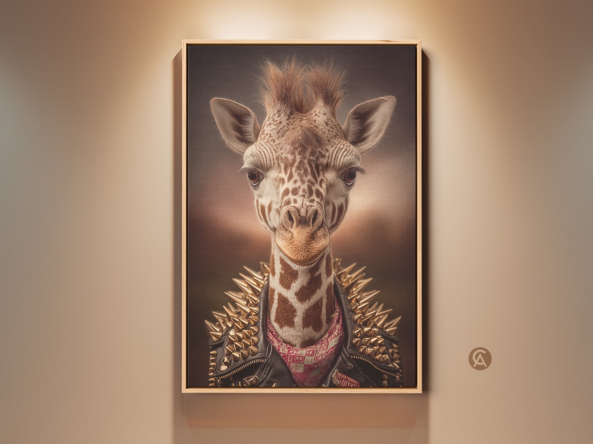 Framed eclectic giraffe artwork adds a bold touch. This canvas print features a punk rock animal. The artwork is displayed against a neutral wall. This tan gold brown artwork is ideal for man caves or quirky spaces. A cool rockstar animal print for unique home decor.
