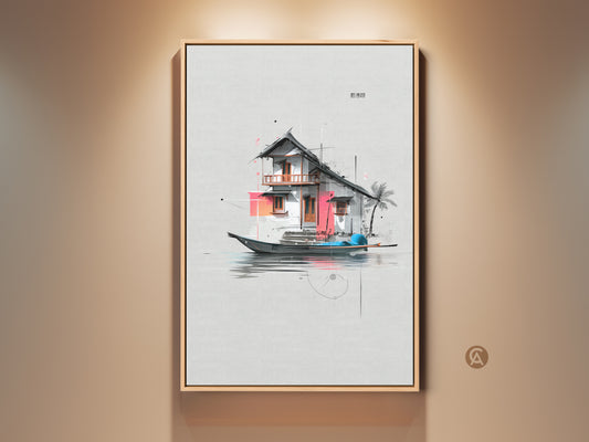 Framed architectural floating house art print on a wall. This minimalist canvas wall artwork adds a contemporary touch. A unique travel-themed artwork. Perfect home decor gift.