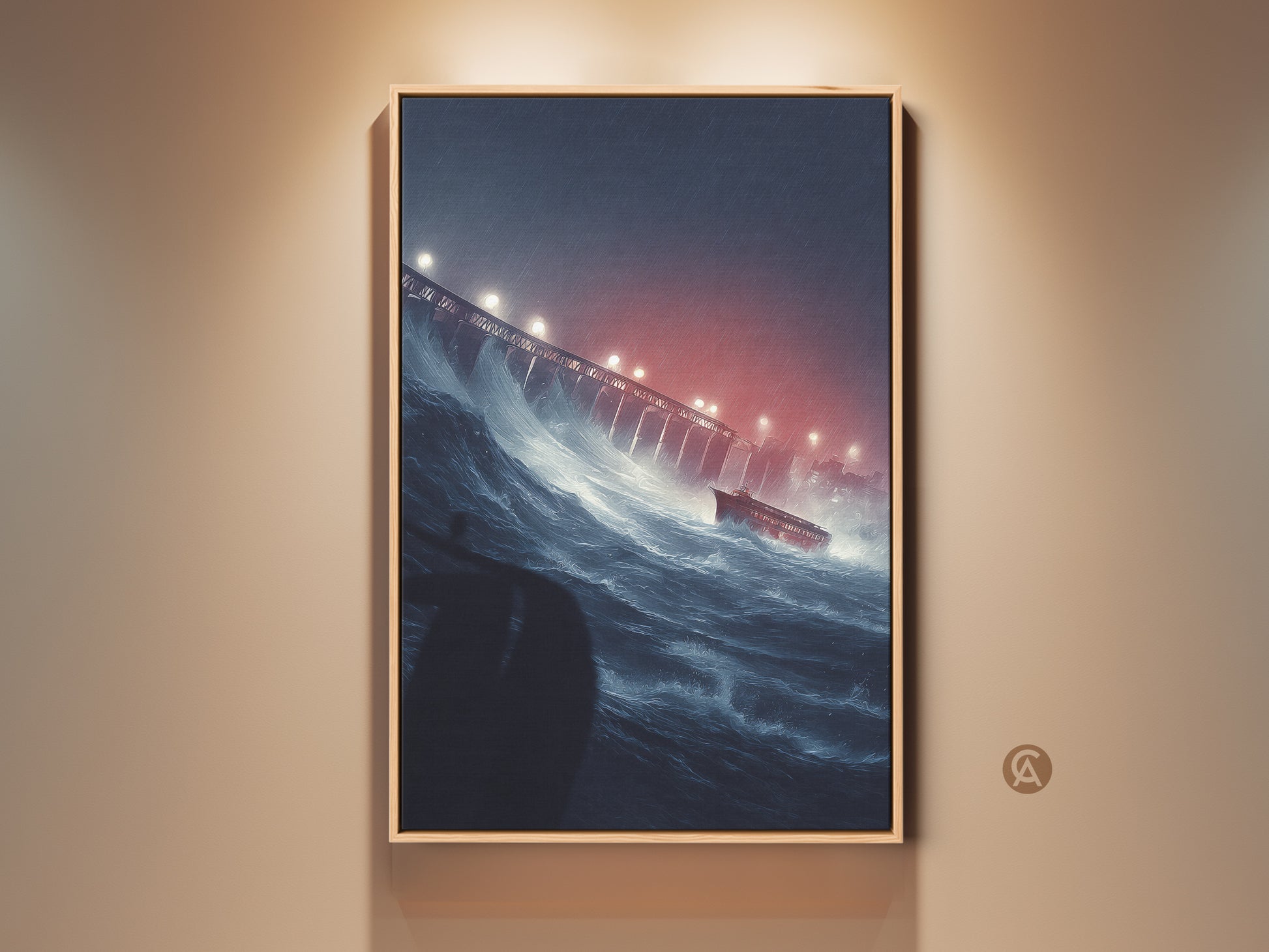 Nautical ship art print in a wood frame. The artwork features a red ship battling a dark blue stormy sea near a bridge. This eclectic home decor adds a dramatic touch to any room. Perfect as a housewarming gift for sailor or maritime art lovers.