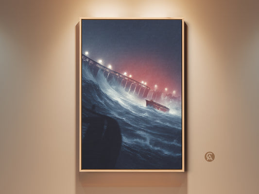 Nautical ship art print in a wood frame. The artwork features a red ship battling a dark blue stormy sea near a bridge. This eclectic home decor adds a dramatic touch to any room. Perfect as a housewarming gift for sailor or maritime art lovers.