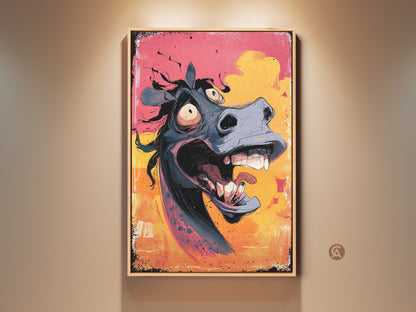 Framed cartoon horse wall art adds humor to any space. The funny animal print features pink yellow and orange hues. This eclectic office decor gift will bring a smile to horse lovers. The distressed animal print offers a unique and quirky touch.