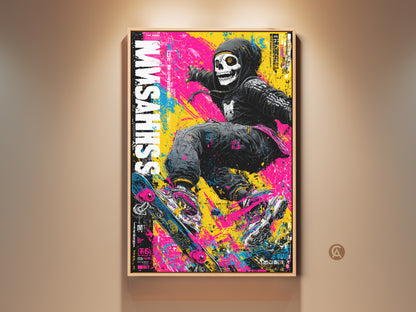 Vibrant art print featuring a skull skateboarder. This framed artwork adds an urban edge to any space. The bright colors and dynamic pose capture the energy of street style. Perfect wall decor for skateboard enthusiasts. The artwork makes a bold statement.