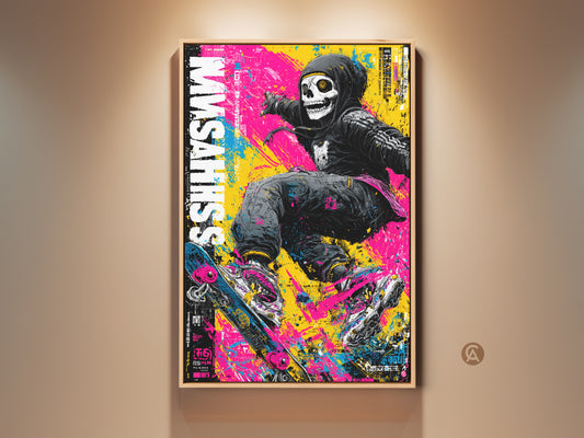 Vibrant art print featuring a skull skateboarder. This framed artwork adds an urban edge to any space. The bright colors and dynamic pose capture the energy of street style. Perfect wall decor for skateboard enthusiasts. The artwork makes a bold statement.