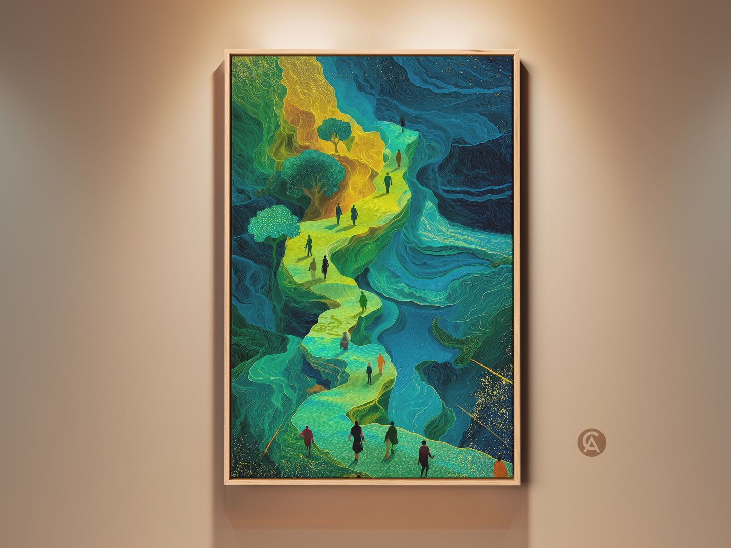 Framed fantasy landscape canvas print features an emerald green and golden yellow color palette. People are walking a winding road in this figurative artwork. Perfect wall art for study room or office decor. This surreal wall art adds an eclectic touch to any home. Great travel or housewarming gift.
