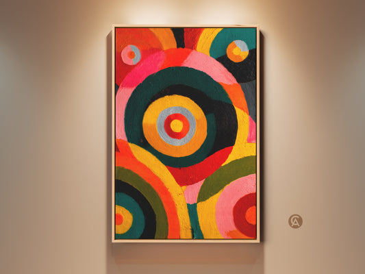 A vibrant abstract circles artwork is displayed on a neutral wall. The eclectic art features orange yellow pink hues. This geometric art print adds a modern touch. Perfect as housewarming gift art for art lovers or bedroom wall decor.