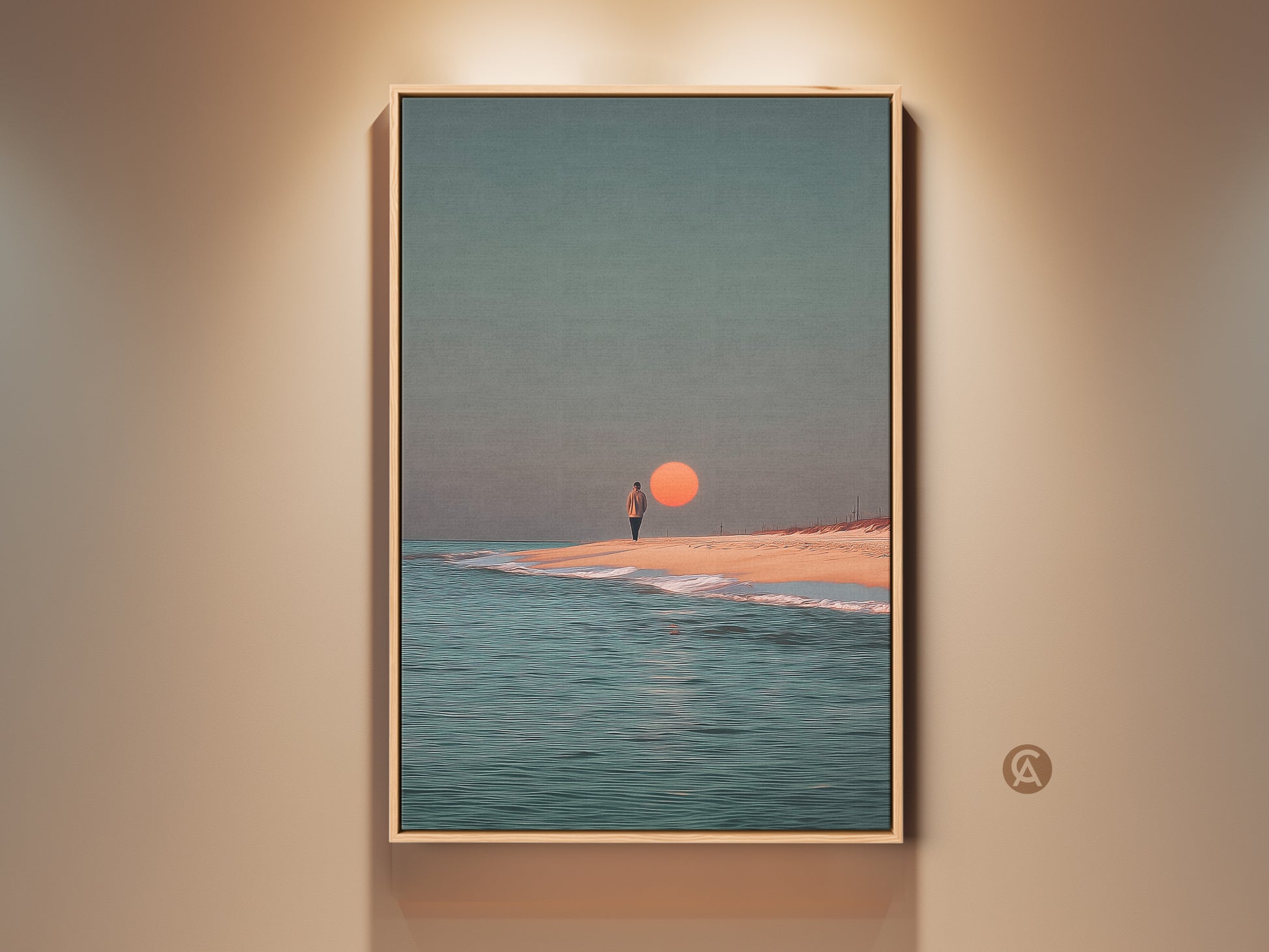Minimalist sunset beach artwork features a person walking along the shore. The contemporary canvas art shows a solitary figure and warm orange sun over the teal ocean. A perfect piece of coastal home decor for adding a calm modern aesthetic to any room.