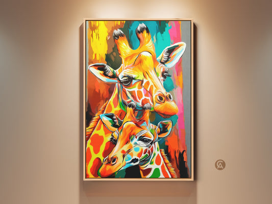 Abstract Giraffe Wall Artwork. This colorful wildlife canvas features two giraffes in orange yellow and teal tones. A perfect eclectic home decor gift. The artistic style brings vibrant energy to any room. A great statement piece for animal art lovers. Enhance your space with this unique wall hanging.