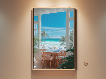 Framed canvas art showcasing a serene beach view through a window. The artwork captures a tropical paradise. It features white sand turquoise water and palm trees. Ideal wall art for coastal home decor. This piece brings a calming beach vibe to any room