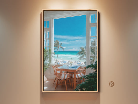 Framed canvas art showcasing a serene beach view through a window. The artwork captures a tropical paradise. It features white sand turquoise water and palm trees. Ideal wall art for coastal home decor. This piece brings a calming beach vibe to any room