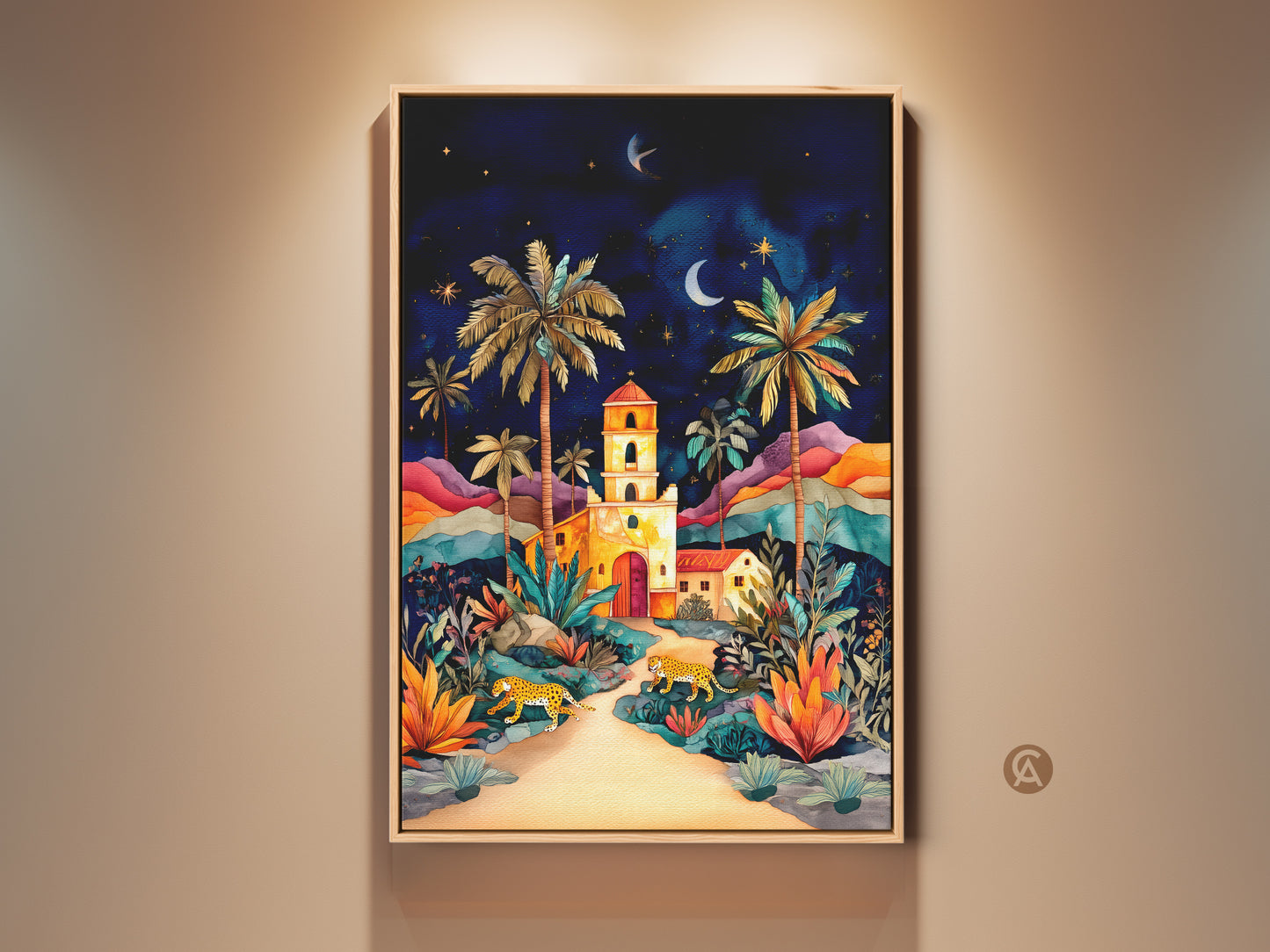 Boho cheetah and palm tree canvas art is framed and hung on a wall. The artwork features a vibrant night sky and colorful landscape. Perfect for adding a touch of nature and exotic charm to your home decor or entry hall. A great housewarming gift idea for nature and animal lovers.