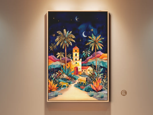 Boho cheetah and palm tree canvas art is framed and hung on a wall. The artwork features a vibrant night sky and colorful landscape. Perfect for adding a touch of nature and exotic charm to your home decor or entry hall. A great housewarming gift idea for nature and animal lovers.